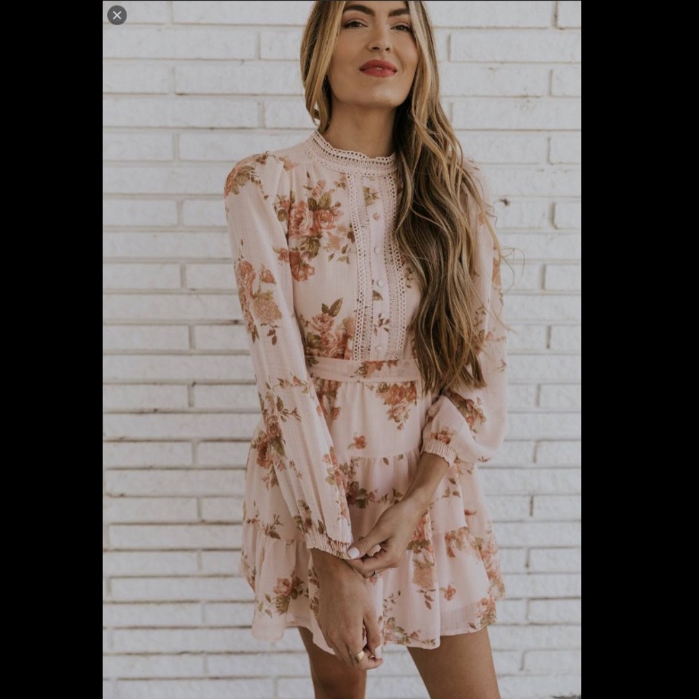 Romantic Pink Floral Long Sleeve Mini Dress